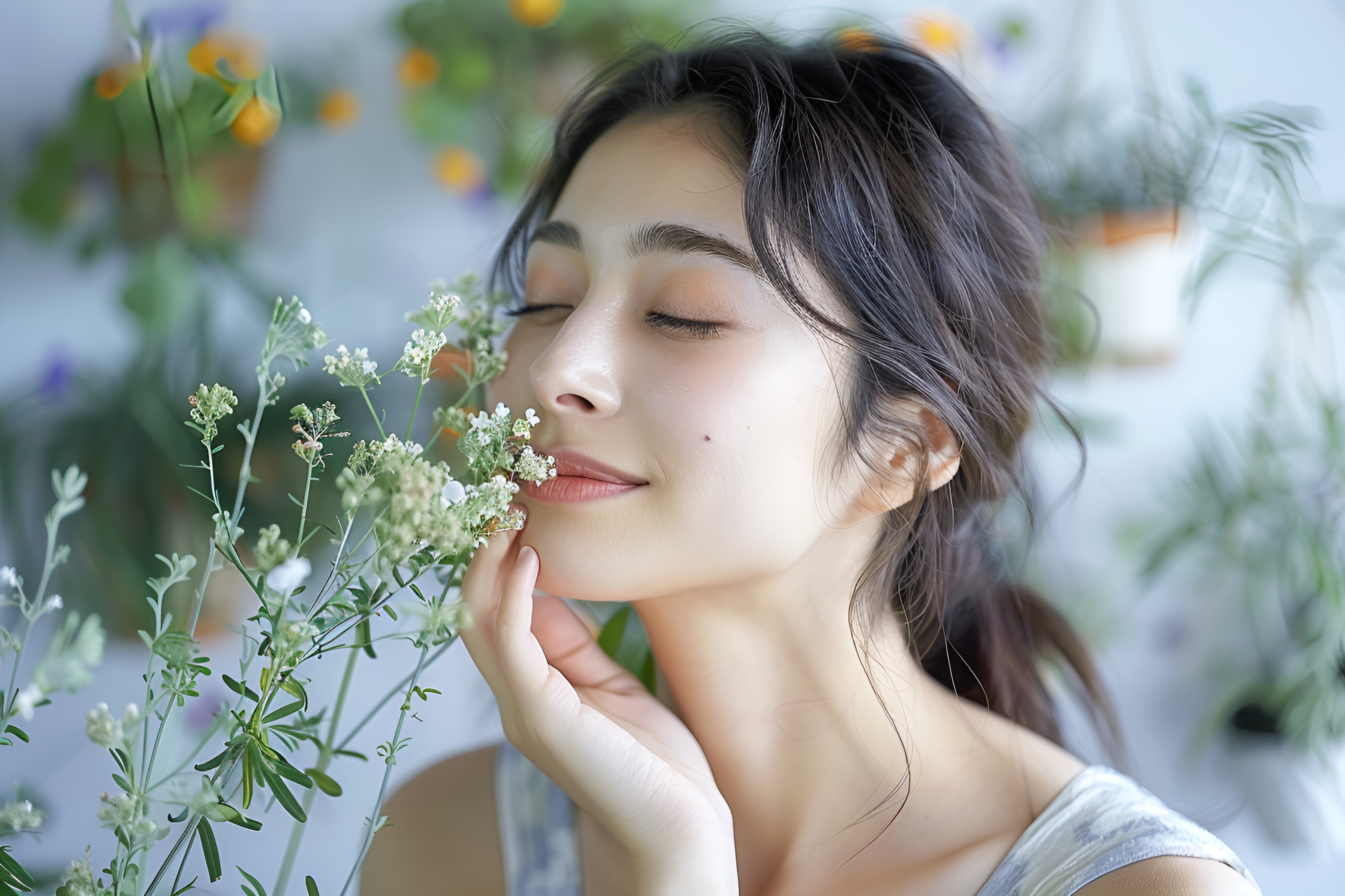 摄图网_601092171_花香四溢中少女嗅着一朵花(企业商用).jpg